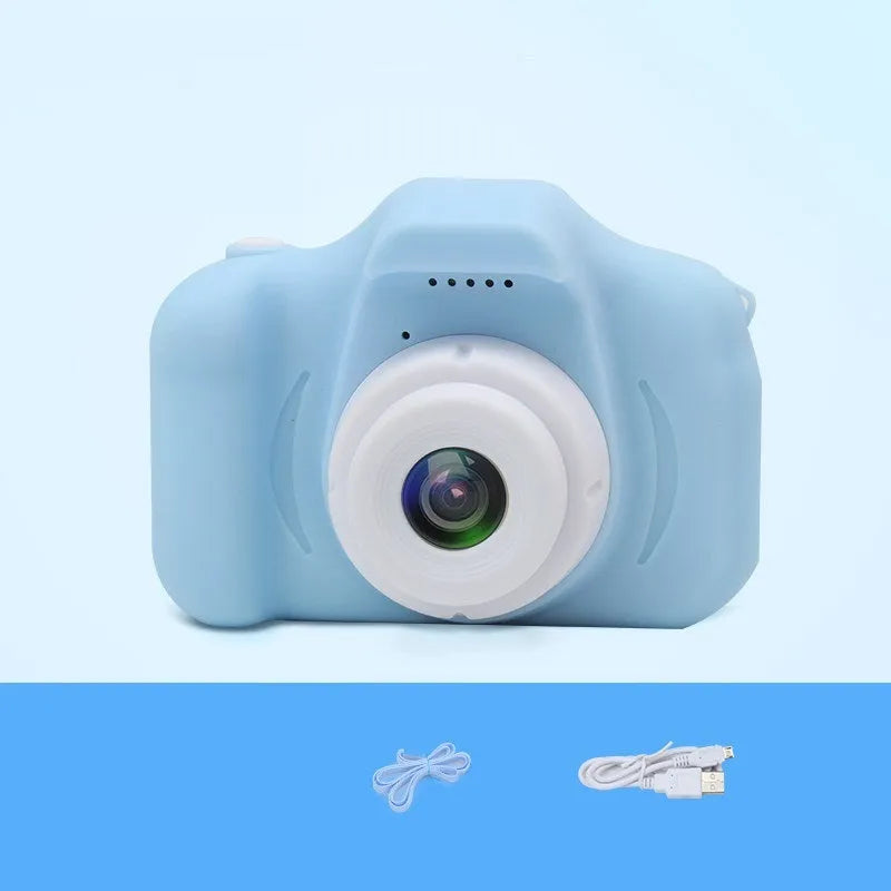 X2 HD mini cartoon kids digital camera in silicone body with 2-inch screen and lanyard.