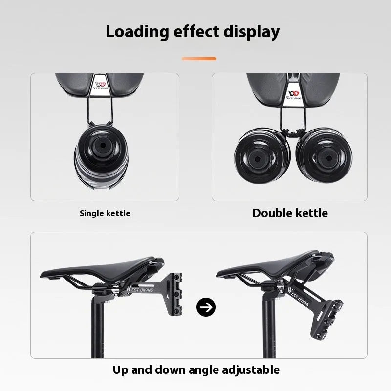Bicycle double water bottle cage extension bracket in black aluminium alloy and stainless steel with adjustable angle