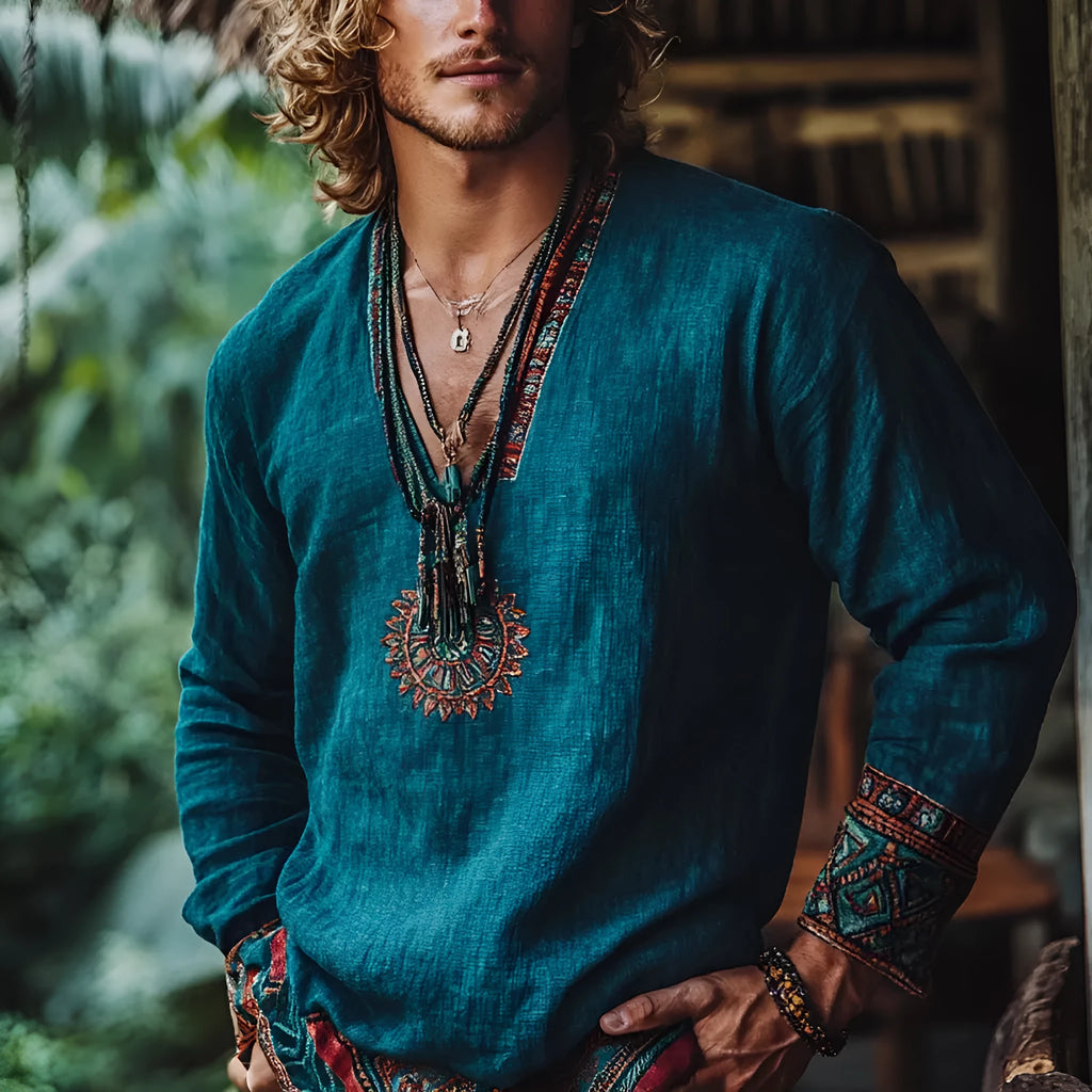 Vintage printed boho style long sleeve pullover in polyester fabric with European retro design