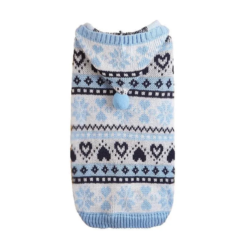 Acrylic knitted dog sweater with snowflake and camouflage patterns in blue, pink, or grey