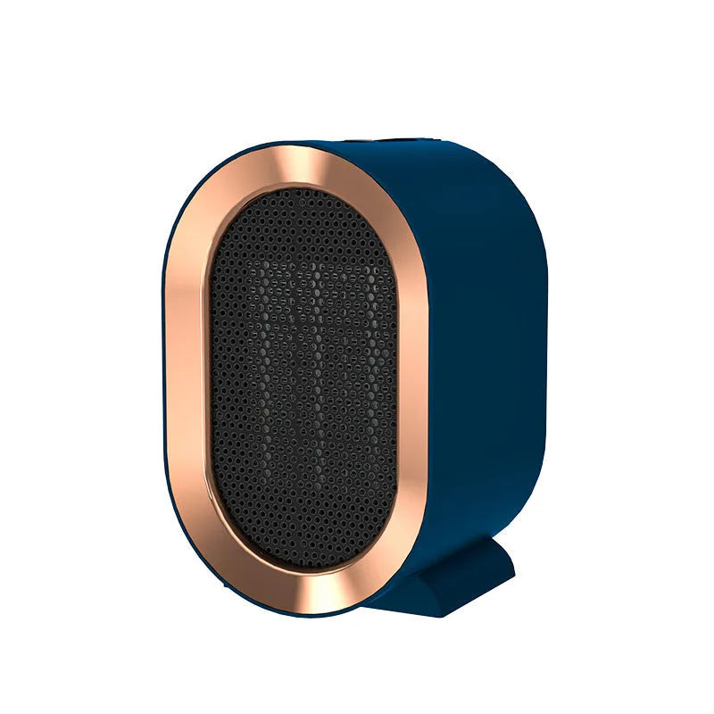 Compact black desktop ceramic fan heater with mechanical control dials and a choice of international power plugs.