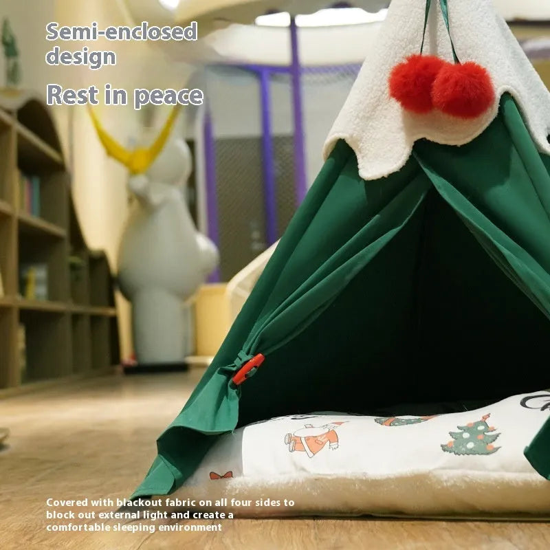 Semi-closed cat house with cloth construction in brown mat colour showing dimensions