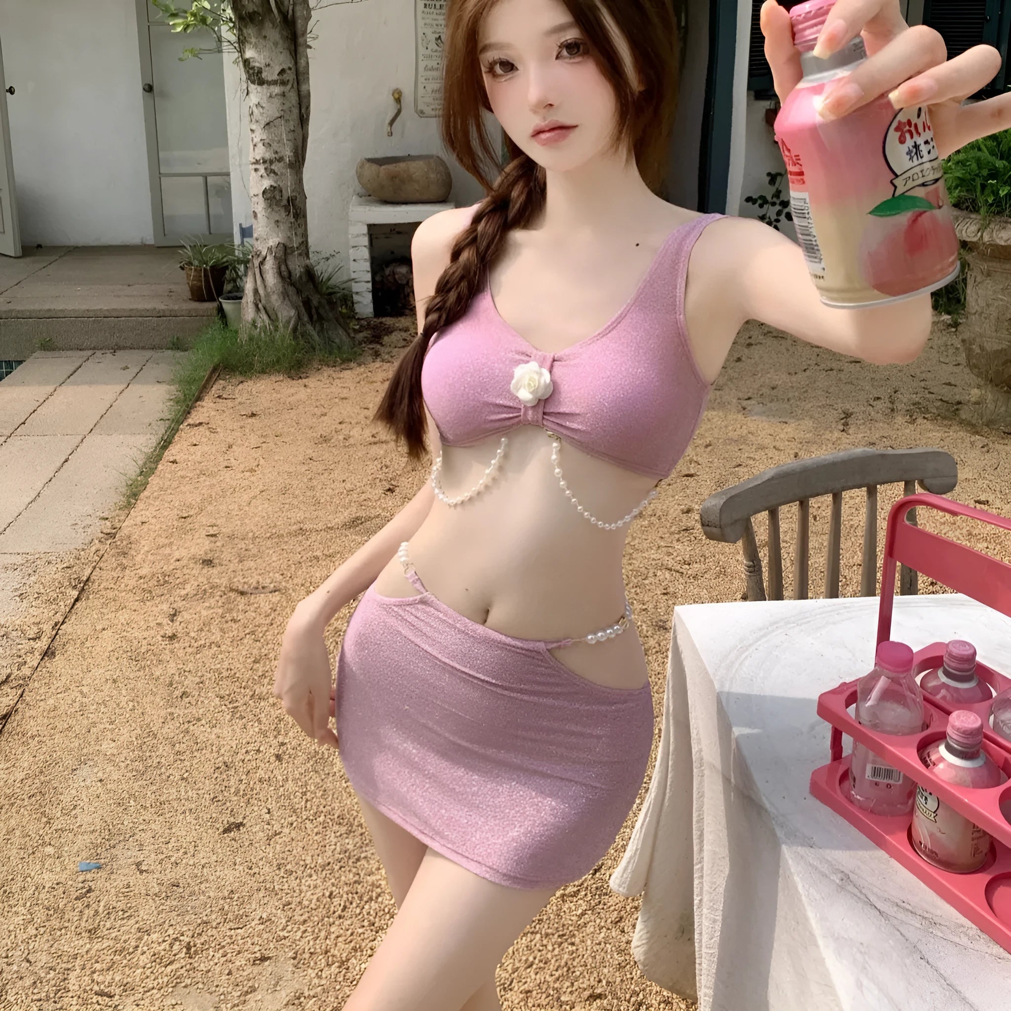 Bear Vacation three-piece bikini swimwear set in pink or black colour with high elasticity polyester fabric