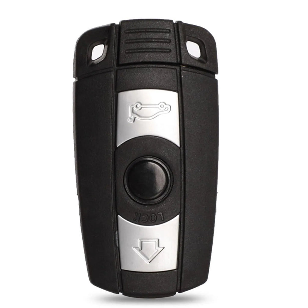 BMW semi-intelligent remote car key fob with three buttons, metal and plastic construction.