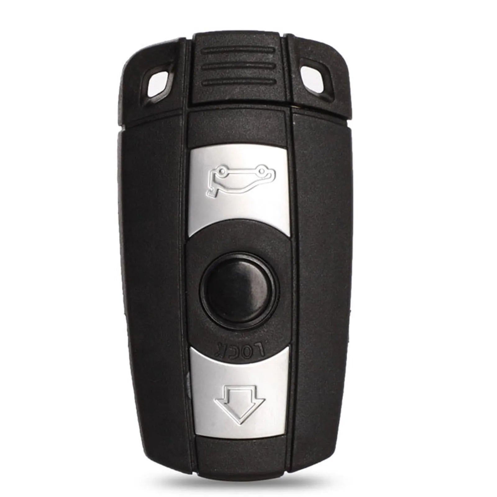 BMW semi-intelligent remote car key fob with three buttons, metal and plastic construction.