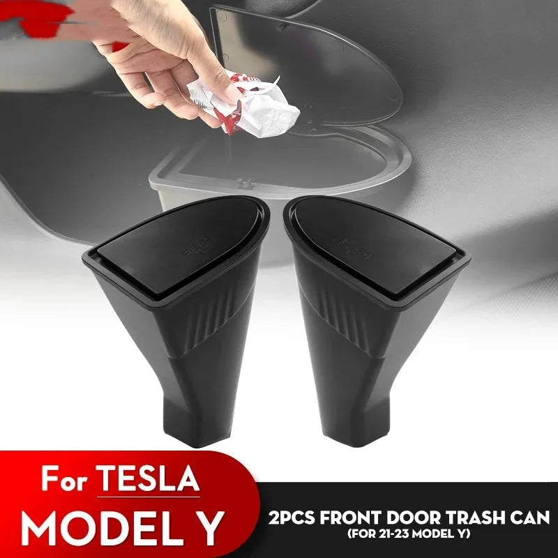 Black ABS plastic car door trash can designed for Tesla Model Y front door pockets.