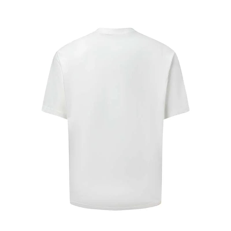 Man's loose blue cotton blend T-shirt with white retro letter printing on the front.