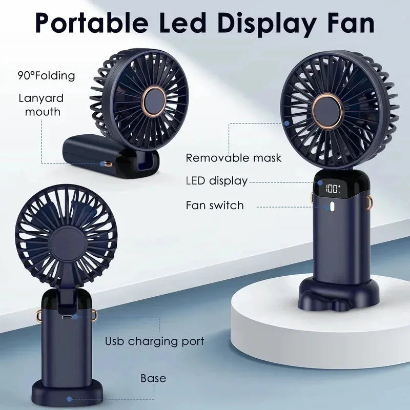 Portable USB rechargeable handheld fan with foldable neck design in multiple colour options