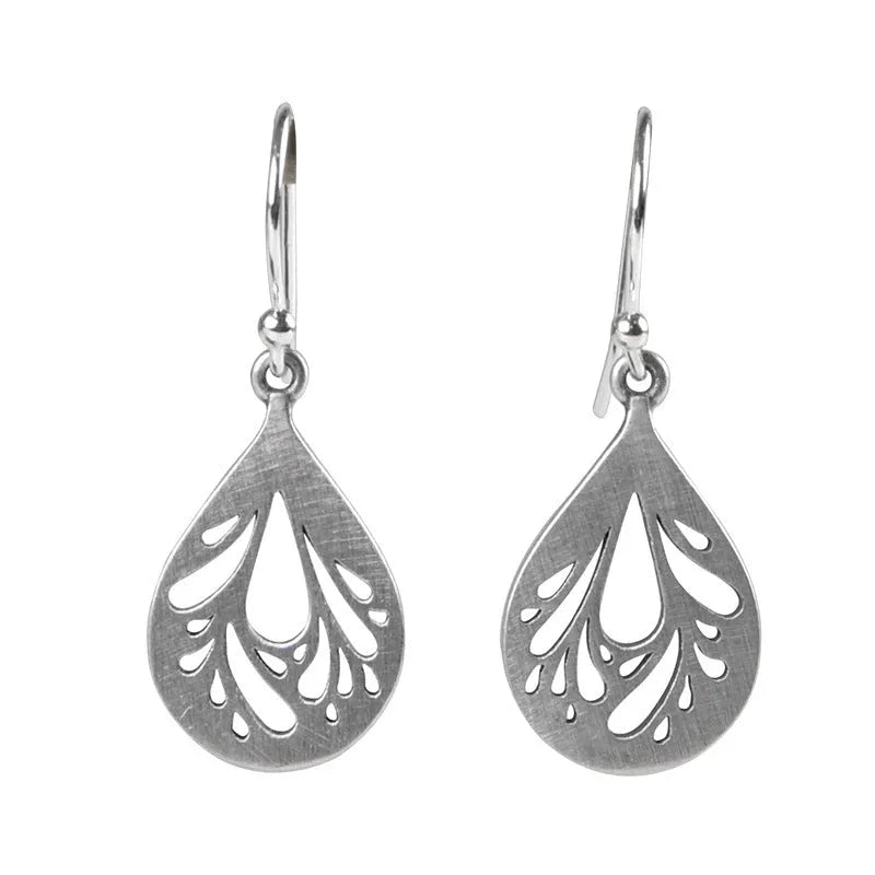 Silver hollow water drop earrings with grinding finish and retro style