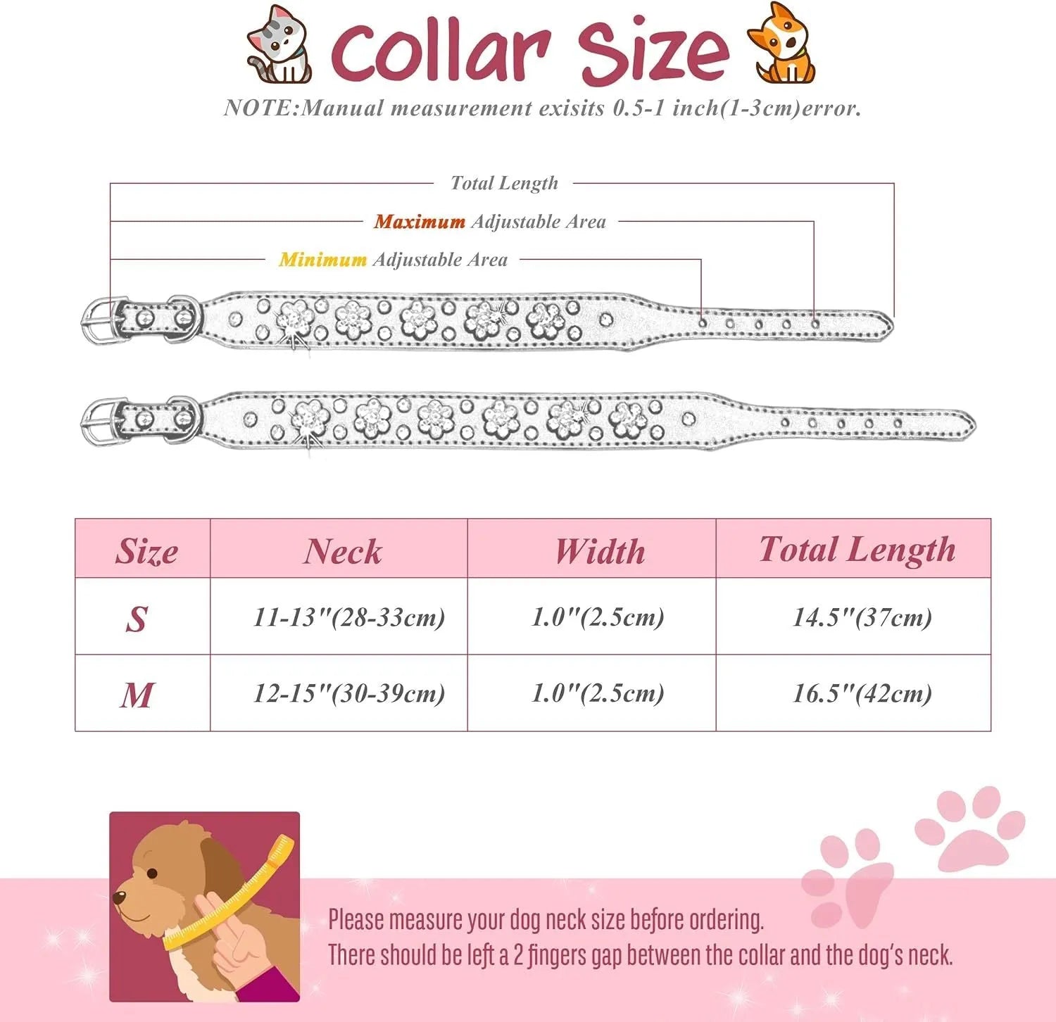 Soft black PU leather dog collar with sparkling pink rhinestone flower studs and a metal D-ring.