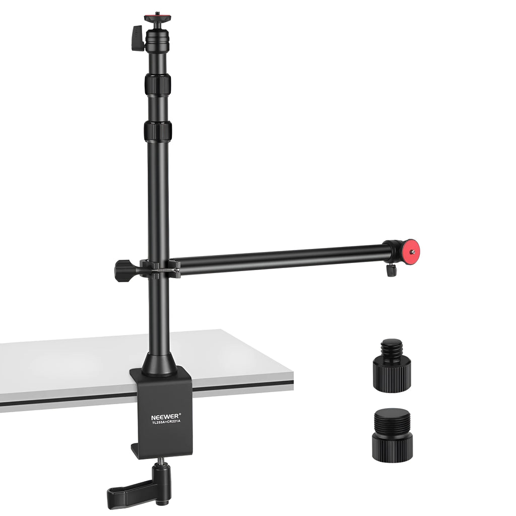 Portable metal desktop photography stand with adjustable cross arm and metal cellphone holder