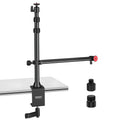 Portable metal desktop photography stand with adjustable cross arm and metal cellphone holder