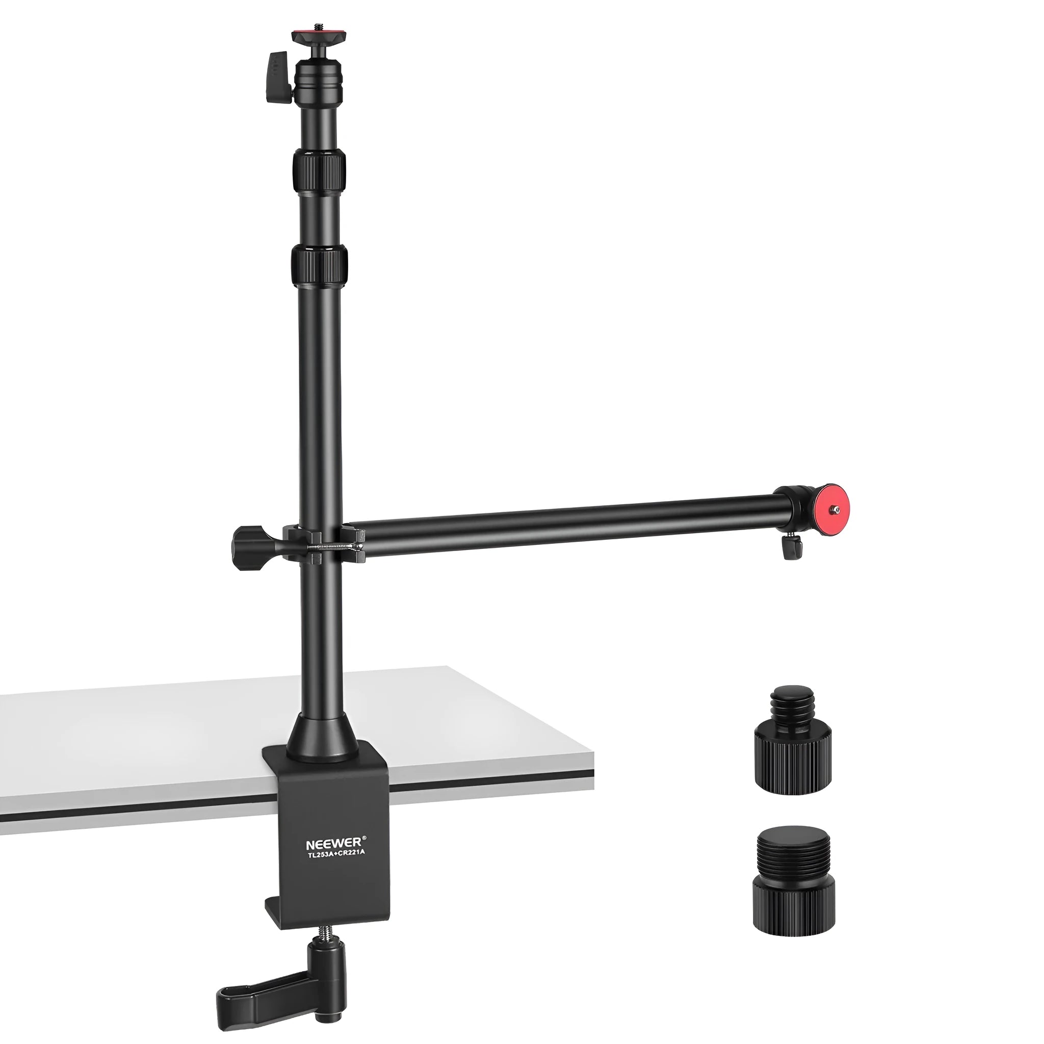 Portable metal desktop photography stand with adjustable cross arm and metal cellphone holder