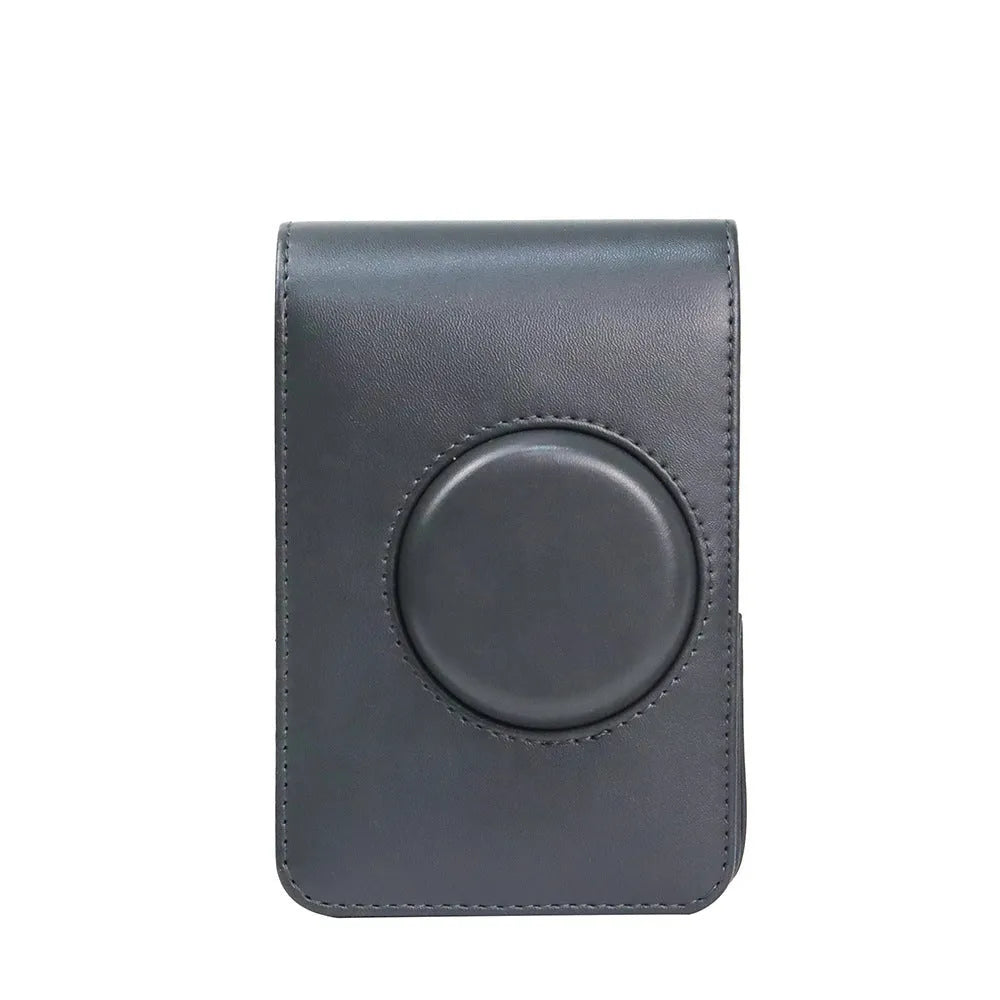 Retro camera storage case with curved shoulder strap in solid colour options including black skin feeling material