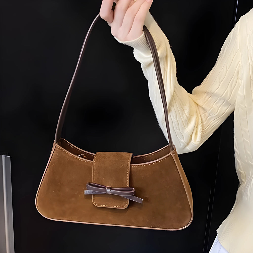 Women's retro PU leather horizontal rectangular shoulder bag with bow tie detail, available in Brown, Coffee, Anco Red, Black, 28x6.5x14cm
