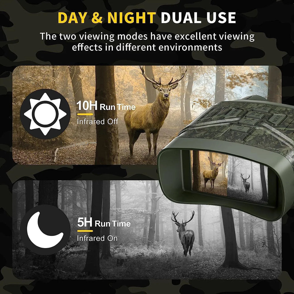 Black night vision instrument with lens and display screen showing 4K night vision capability.