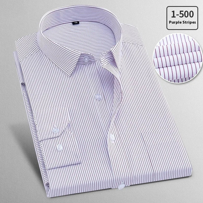 Men's white long sleeve flax business shirt shown alongside pink diagonal and red plain colour options