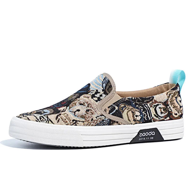 Canvas slip-on sneakers in khaki, grey green, or black with vulcanised rubber sole.