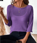 Women's off-shoulder knitted jumper in light blue with a 3D pattern and 3/4 sleeves.