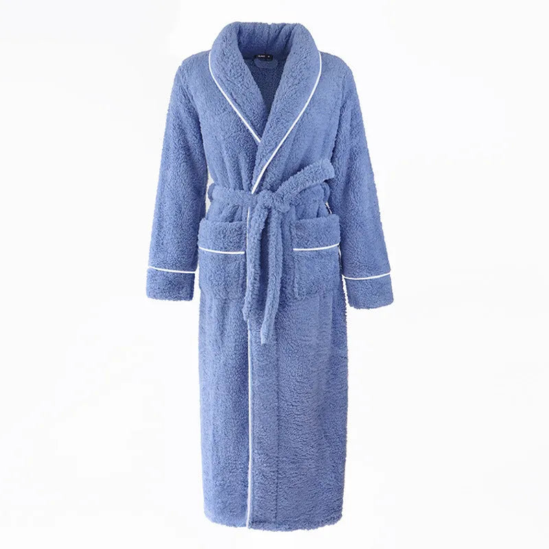 Thick flannel winter bathrobe for couples in multiple colour options like navy blue and cherry yellow.