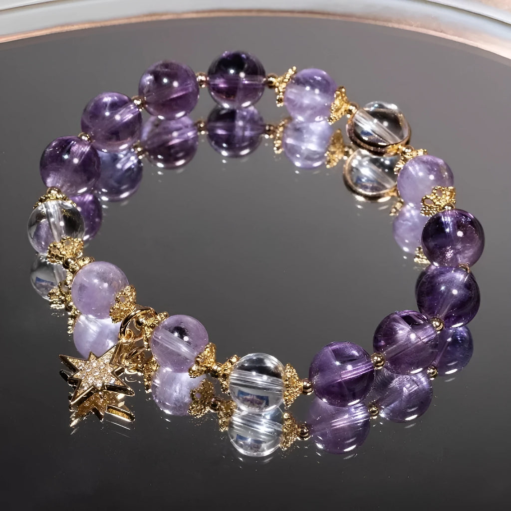 Eight awn star purple artificial crystal bracelet with animal zodiac design in gift box presentation