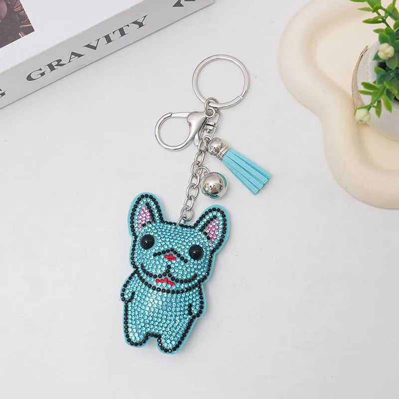 Cartoon French bulldog rhinestone keychain pendant in alloy with electroplated finish