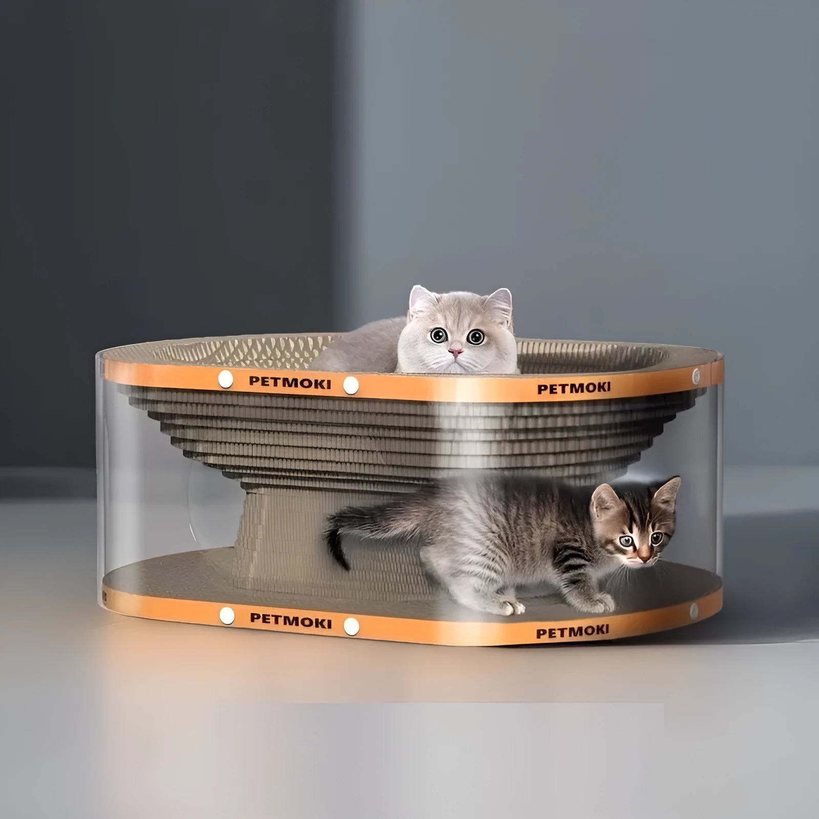 Transparent PVC tunnel cat nest with attached corrugated cardboard scratch board on a white floor.