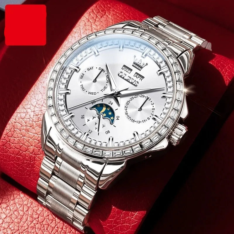 Men's automatic mechanical watch with diamond dial on a stainless steel strap with butterfly buckle.