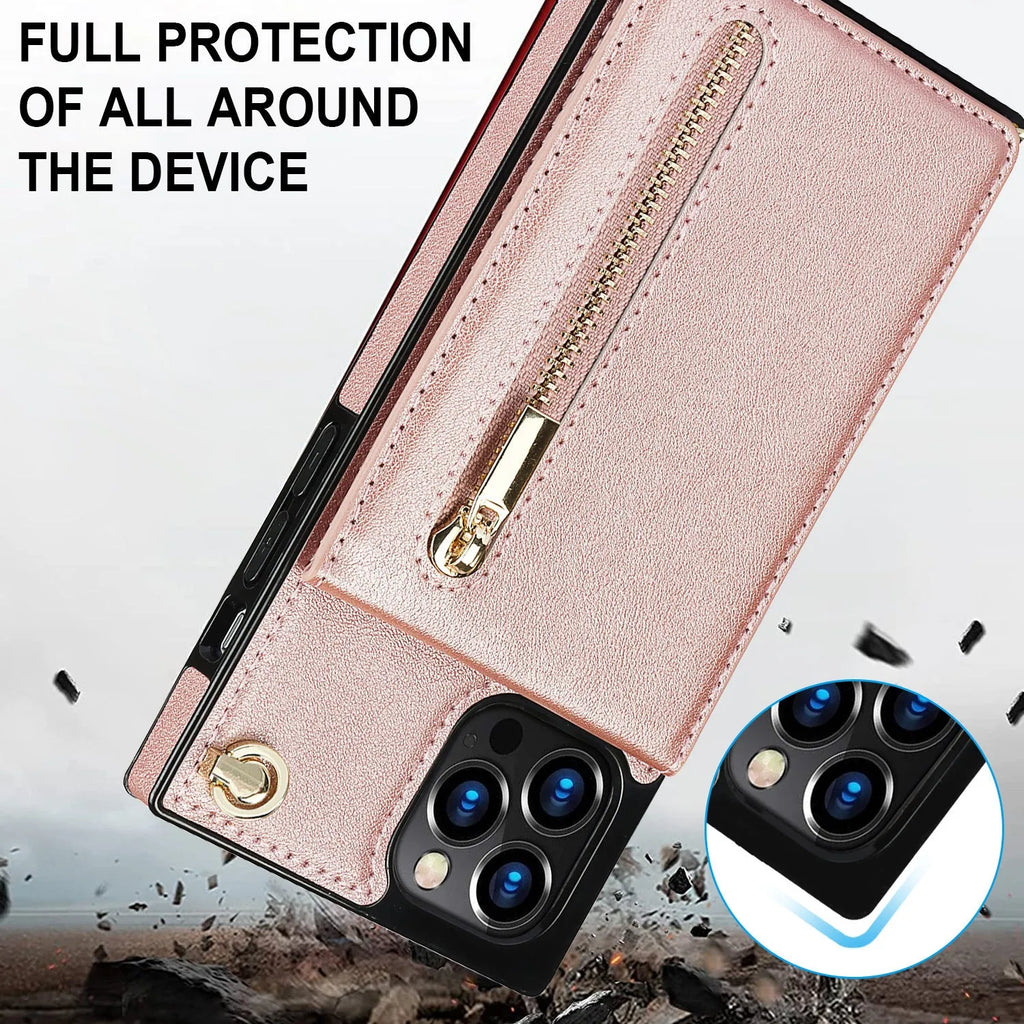 Black leather and TPU protective case for a Samsung Galaxy smartphone on a table.