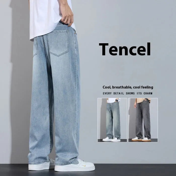 Straight-leg casual trousers in denim fabric with wide-leg design and zip fly opening