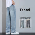 Straight-leg casual trousers in denim fabric with wide-leg design and zip fly opening