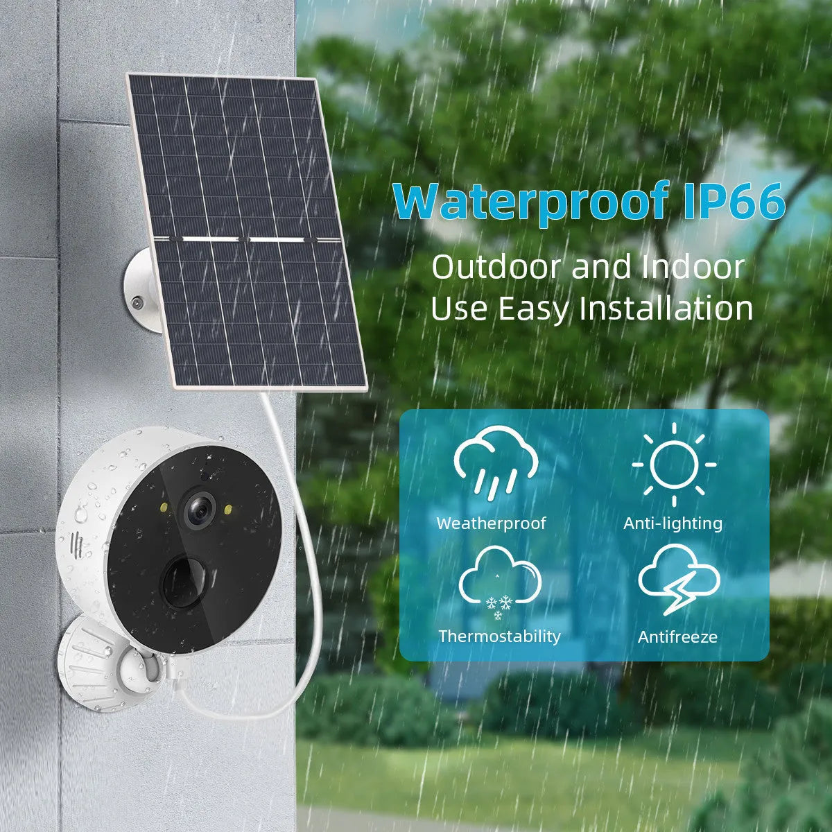 Outdoor solar-powered security camera with attached solar panel for off-grid monitoring.