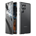 Black magnetic phone case with a peep-proof mirror for Samsung Galaxy models on a magnetic mount.