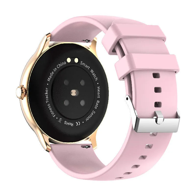 Smart Bluetooth sports watch with round screen for blood pressure and heart rate monitoring on a silicone wristband.