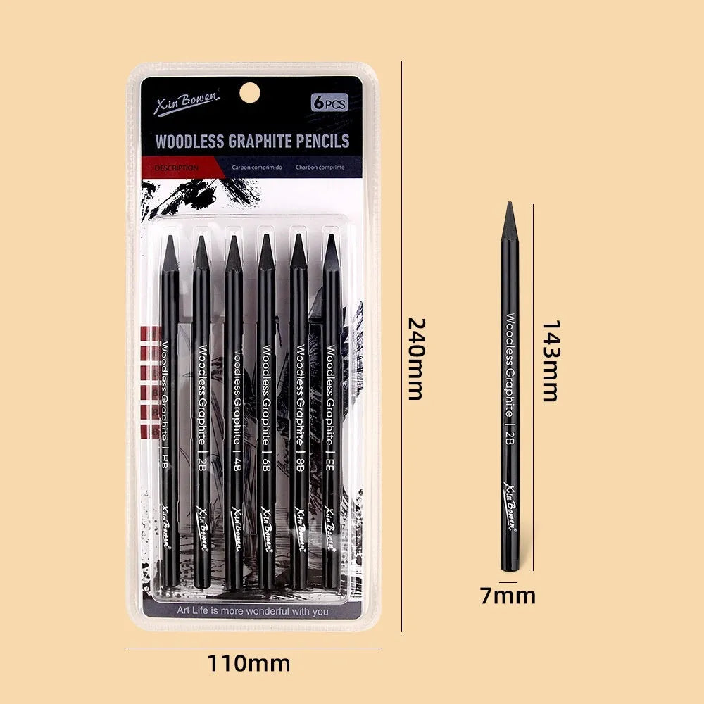 Set of six wood-free graphite sketching pencils with grades HB 2B 4B 6B 8B EE for art.