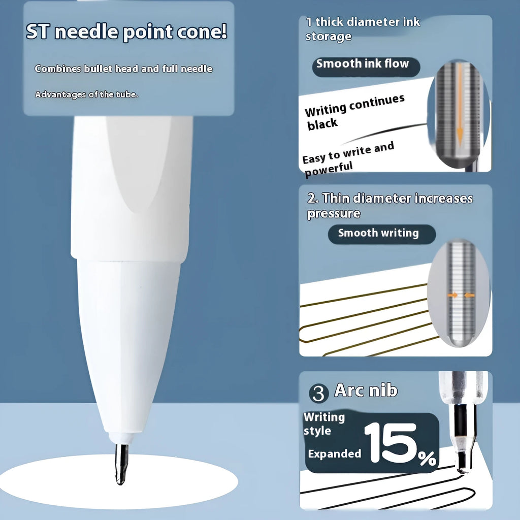 Pack of 10 quick-dry bullet pen refills showing black, red, blue, and ink blue ink colours.