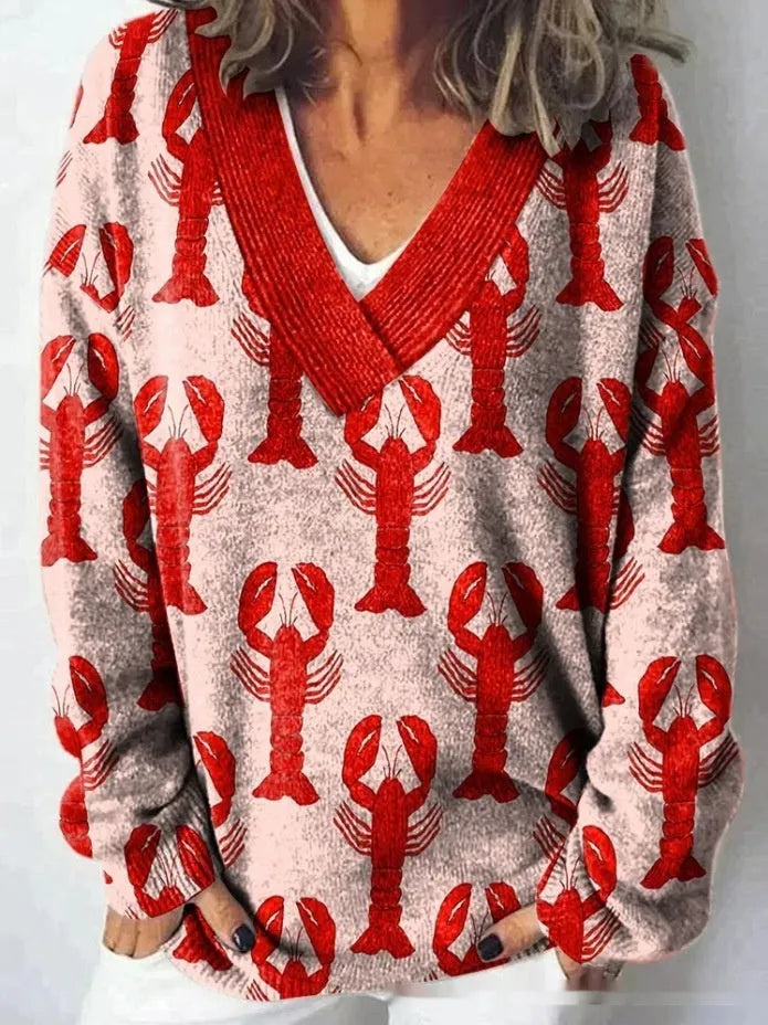 Women's V-neck long sleeve sweatshirt with a retro 3D floral pattern print in a colour from the E073 range.