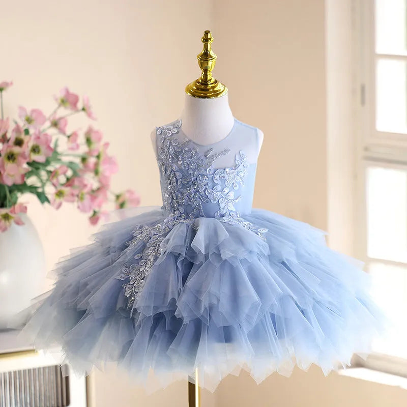 Blue tulle tutu princess dress for children, polyester fabric, birthday party wear, sizes 80cm-150cm