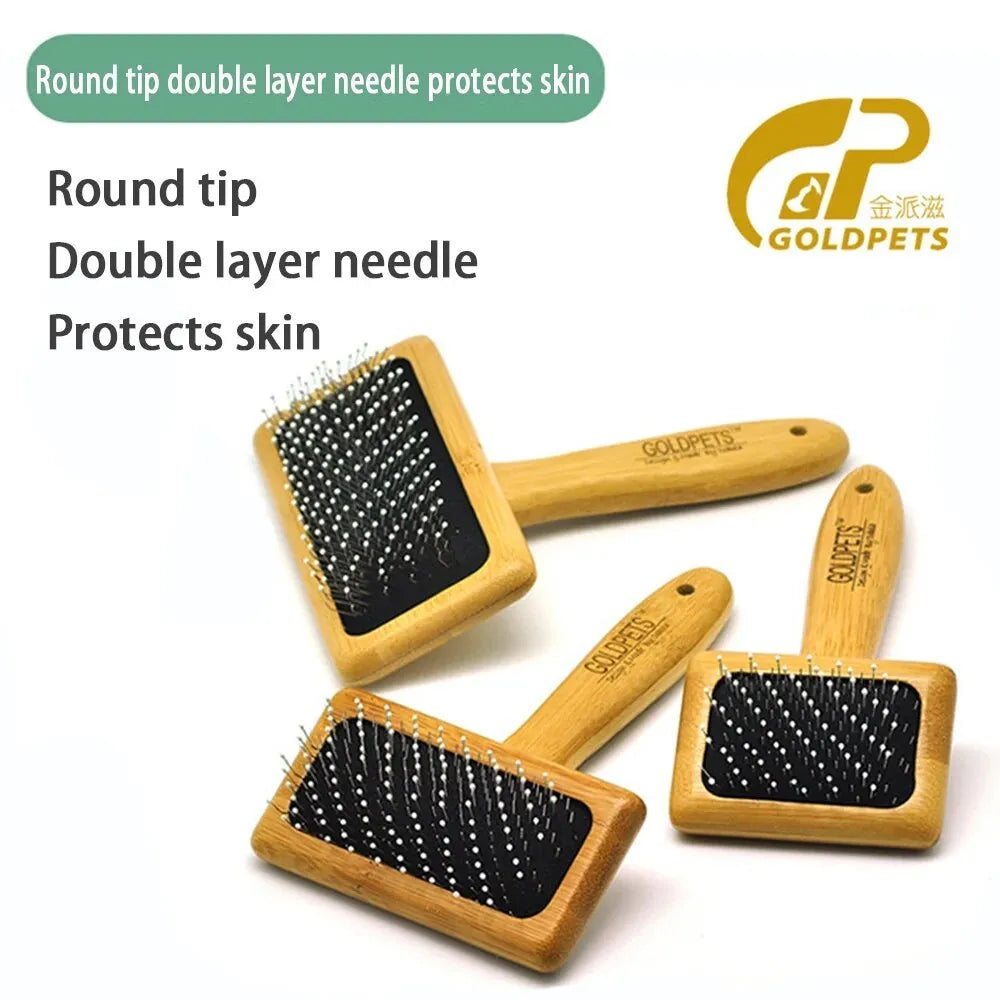 Goldpets bamboo slicker brush with wooden handle and stainless steel pins for grooming cats and dogs.