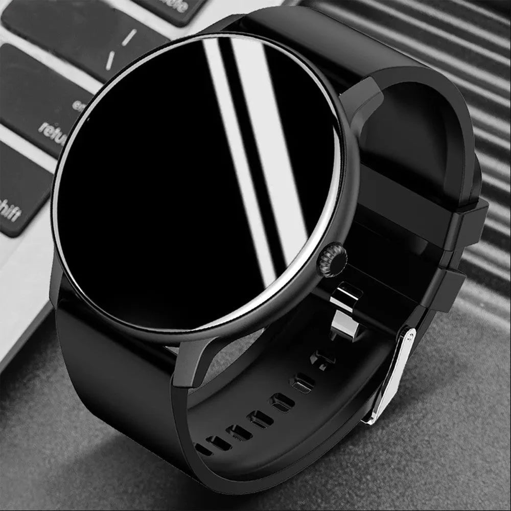 Smart Bluetooth sports watch with round screen for blood pressure and heart rate monitoring on a silicone wristband.