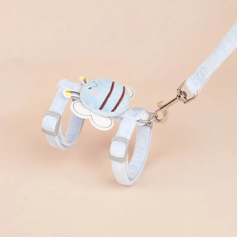Adjustable cat harness and leash set with teddy bear and bee shapes in blue colour