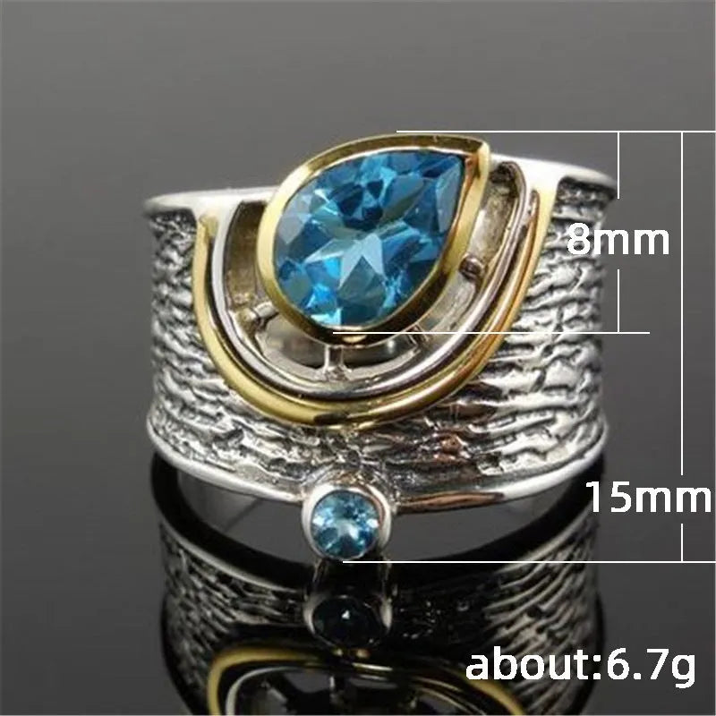Women's blue Chinese style rhinestone zircon ring with drop shape design on alloy base