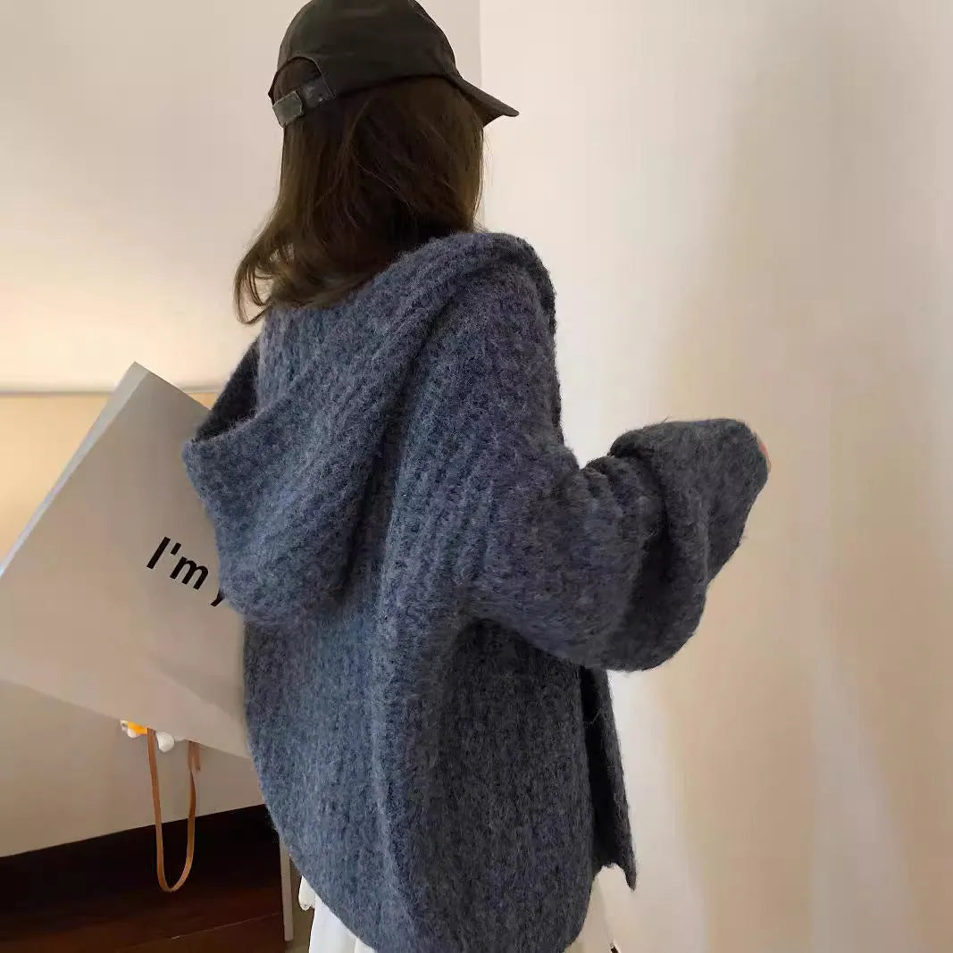 Women's retro style hooded cardigan sweater in thick knit fabric, loose fit, solid colour options