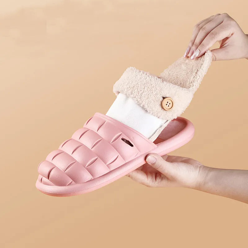 Plaid detachable slippers with anti-skid soles and plush lining in pink, green, yellow, white, grey, or black
