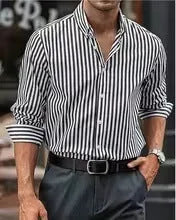 Men's loose casual striped button shirt in polyester fabric for spring autumn wear