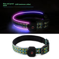 Blue and green plaid LED luminous dog collar with reflective stripes, shown with USB charging cable.