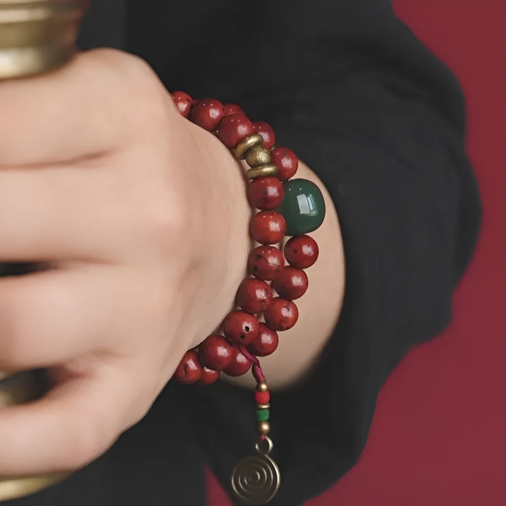 Natural bodhi seed double circle bracelet showing manual craftsmanship and layered design