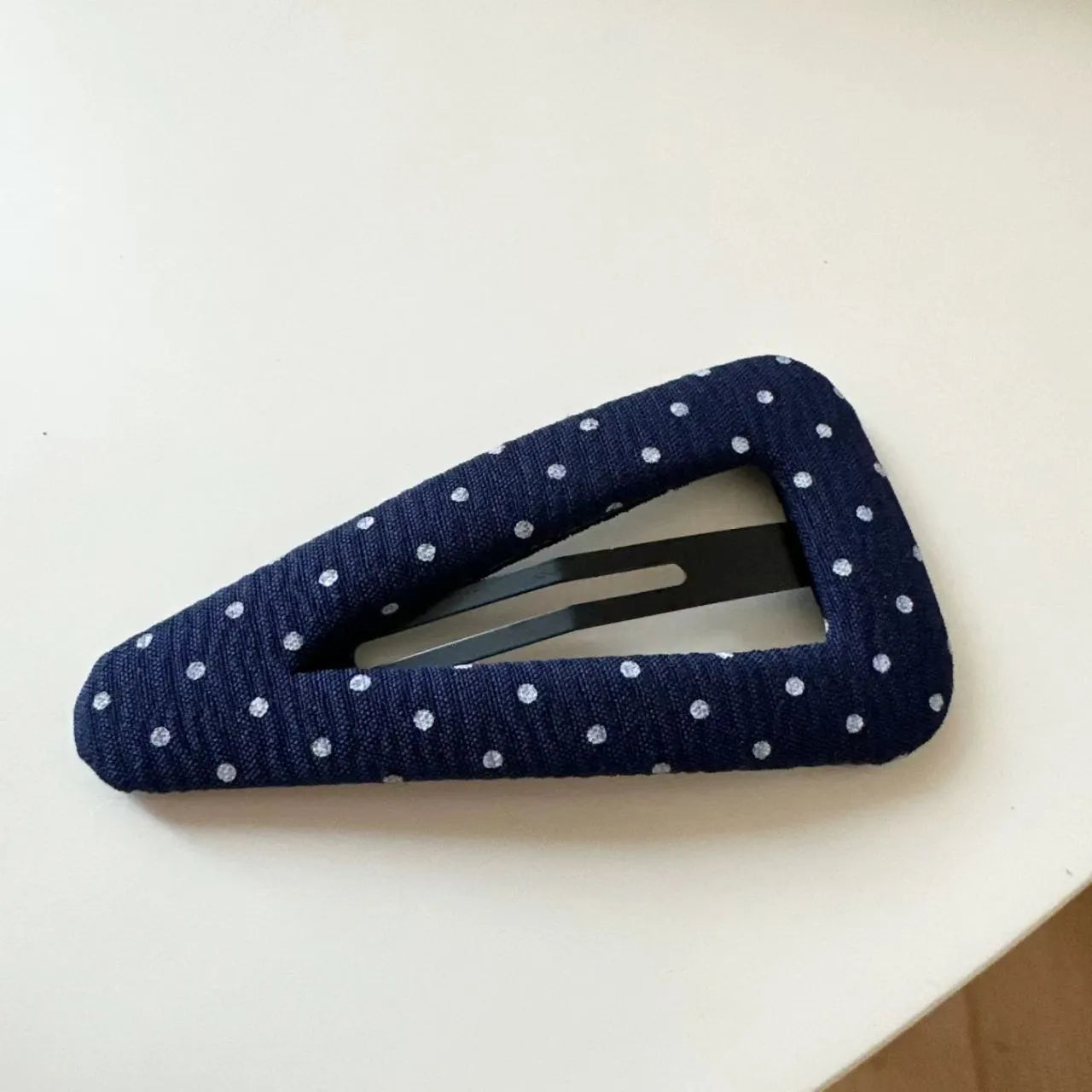 French retro dot pattern barrettes in triangle and water drop shapes with dark denim designs
