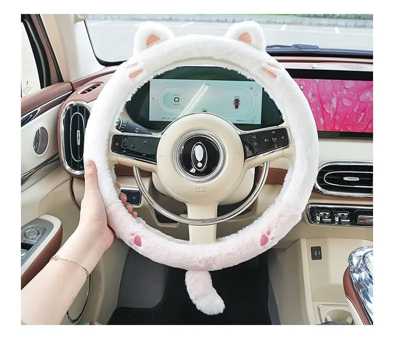 Plush cartoon steering wheel cover with rabbit fur embroidery, shown in bear design, for 38cm diameter wheels.