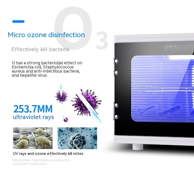 Small silver ultraviolet steriliser cabinet with stainless steel interior for salon tool hygiene